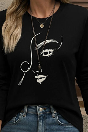 MDB Kadın Uzun Kollu Bisiklet Yaka Yüz Desenli Viskon Bluz