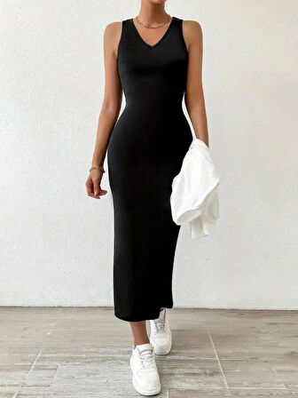 MDB Kadın Askılı Yuvarlak Yaka Viskon Iki Iplik Elbise Ve V Yakalı Bluz Ikili Takım