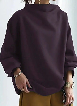 MDB Kadın Uzun Kollu Geniş Balıkçı Yaka Modal Mürdüm Bluz