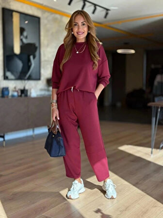 MDB Kadın Uzun Kollu Bisiklet Yaka Viskon Iki Iplik Bluz Ve Pantolon Ikili Takım