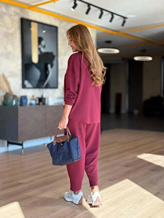 MDB Kadın Uzun Kollu Bisiklet Yaka Viskon Iki Iplik Bluz Ve Pantolon Ikili Takım