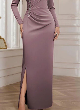 MDB Kadın Uzun Kollu Kruvaze Yakalı Yanları Taşlı Yırtmaçlı Uzun Ithal Krep Elbise