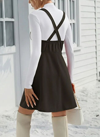 MDB Kadın Askılı Düğmeli Mini Süet Elbise