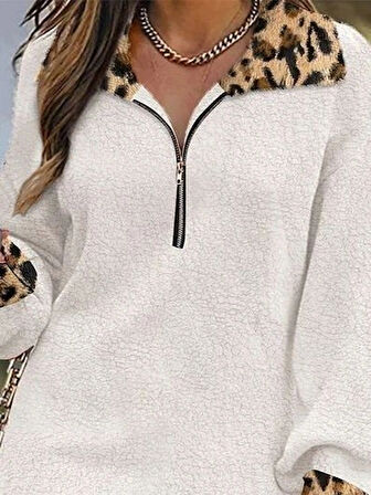 MDB Kadın Uzun Kollu Yakalı önden Fermuarlı Leopar Detaylı Mini Peluş Elbise