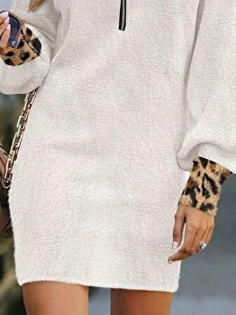 MDB Kadın Uzun Kollu Yakalı önden Fermuarlı Leopar Detaylı Mini Peluş Elbise