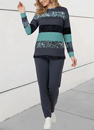 MDB Kadın Uzun Kollu Bisiklet Yaka çizgili Desen Iki Iplik Bluz Ve Pantolon Ikili Takım