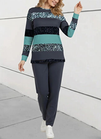 MDB Kadın Uzun Kollu Bisiklet Yaka çizgili Desen Iki Iplik Bluz Ve Pantolon Ikili Takım