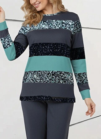 MDB Kadın Uzun Kollu Bisiklet Yaka çizgili Desen Iki Iplik Bluz Ve Pantolon Ikili Takım