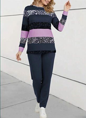 MDB Kadın Uzun Kollu Bisiklet Yaka çizgili Desen Iki Iplik Bluz Ve Pantolon Ikili Takım