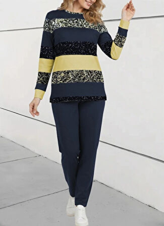 MDB Kadın Uzun Kollu Bisiklet Yaka çizgili Desen Iki Iplik Bluz Ve Pantolon Ikili Takım
