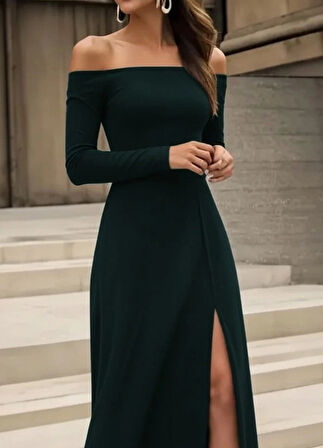 MDB Kadın Uzun Kollu Madonna Yakalı Yırtmaç Detaylı Uzun Ithal Krep Elbise