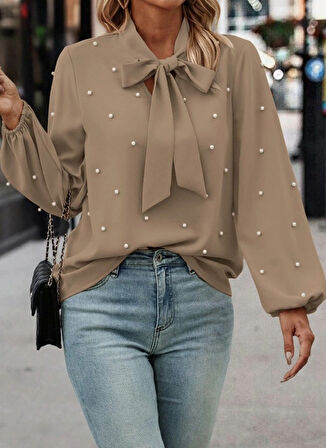 MDB Kadın Uzun Kollu Yakadan Fiyonklu Incili Ithal Krep Bluz