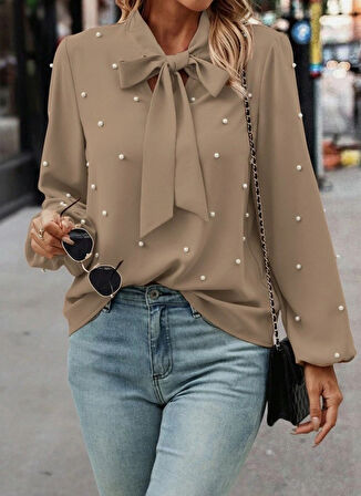 MDB Kadın Uzun Kollu Yakadan Fiyonklu Incili Ithal Krep Bluz