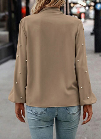 MDB Kadın Uzun Kollu Yakadan Fiyonklu Incili Ithal Krep Bluz