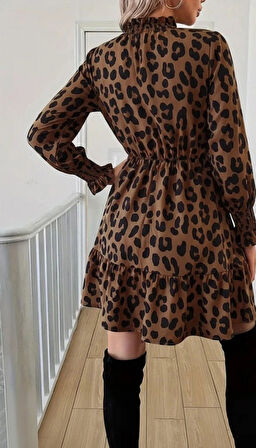 MDB Kadın Uzun Kollu Yarı Balıkçı Yaka Leopar Desenli Modal Mini Elbise