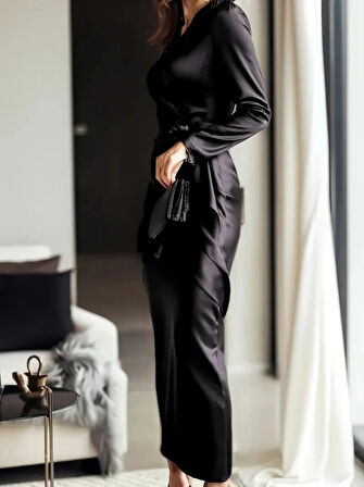 MDB Kadın Uzun Kollu Kruvaze Yakalı Beli Kuşaklı Uzun Saten Elbise