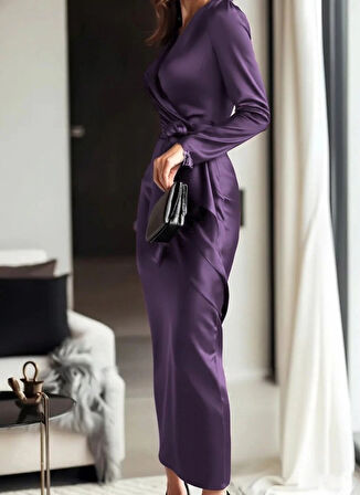 MDB Kadın Uzun Kollu Kruvaze Yakalı Beli Kuşaklı Uzun Saten Elbise