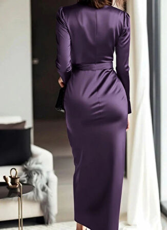 MDB Kadın Uzun Kollu Kruvaze Yakalı Beli Kuşaklı Uzun Saten Elbise