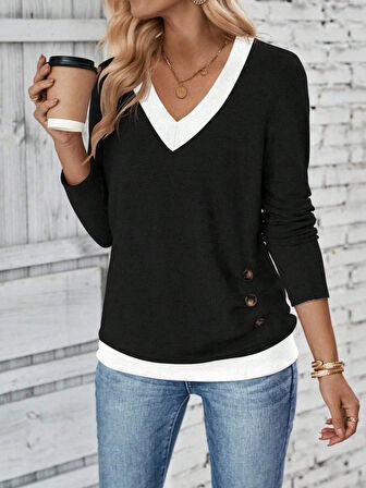 MDB Kadın Uzun Kollu V Yakalı Yandan Düğmeli Yün Viskon Bluz