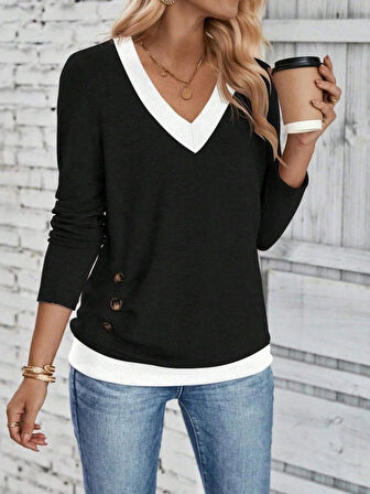 MDB Kadın Uzun Kollu V Yakalı Yandan Düğmeli Yün Viskon Bluz