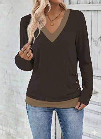 MDB Kadın Uzun Kollu V Yakalı Yandan Düğmeli Yün Viskon Bluz
