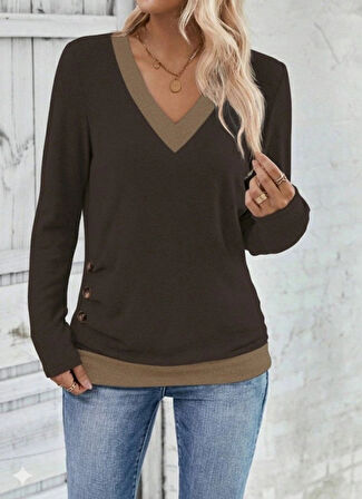 MDB Kadın Uzun Kollu V Yakalı Yandan Düğmeli Yün Viskon Bluz
