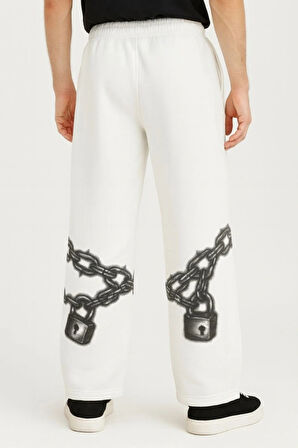 MDB Erkek Üç İplik Pamuklu Baskılı Cepli Jogger Buggy Pantalon Oversize Kalıp  Beyaz