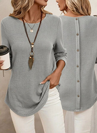 MDB Kadın Uzun Kollu Yuvarlak Yaka Arkadan Düğmeli Waffle Bluz