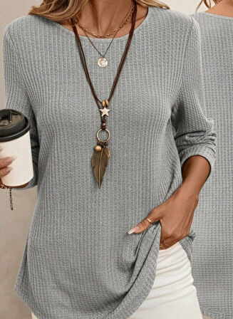 MDB Kadın Uzun Kollu Yuvarlak Yaka Arkadan Düğmeli Waffle Bluz