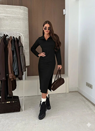 MDB Kadın Uzun Kollu Yakalı Yandan Yırtmaçlı Midi Modal Elbise