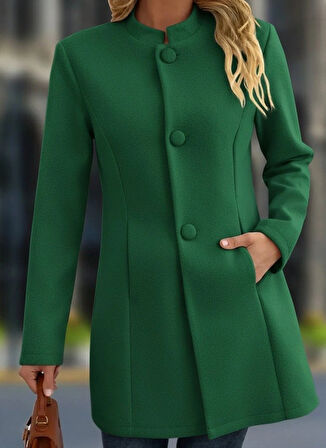 MDB Kadın Uzun Kollu Hakim Yakalı önden Düğmeli Cep Detaylı Kısa Taba Kaşe Kaban