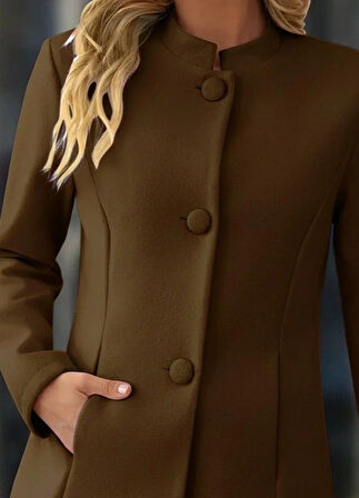 MDB Kadın Uzun Kollu Hakim Yakalı önden Düğmeli Cep Detaylı Kısa Taba Kaşe Kaban