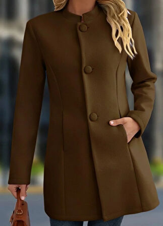 MDB Kadın Uzun Kollu Hakim Yakalı önden Düğmeli Cep Detaylı Kısa Taba Kaşe Kaban