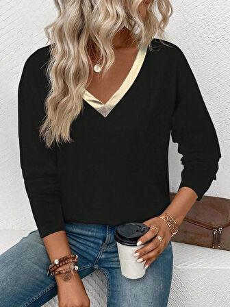 MDB Kadın Uzun Kollu V Parlak Yaka Detaylı Viskon Bluz