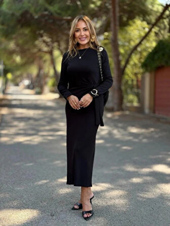 MDB Kadın Uzun Kollu Bisiklet Yaka Yandan Bağlamalı Uzun Modal Elbise