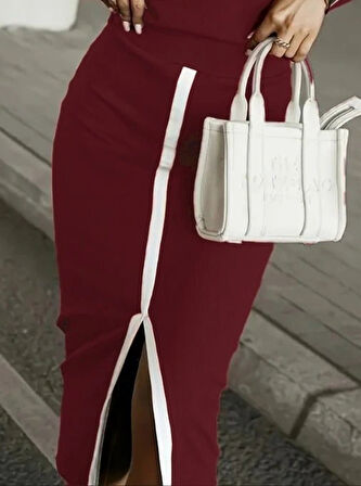 MDB Kadın Uzun Kollu Bisiklet Yaka Kaşkorse Bluz Ve Yırtmaçlı Etek Ikili Takım