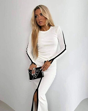 MDB Kadın Uzun Kollu Bisiklet Yaka Kaşkorse Bluz Ve Yırtmaçlı Etek Ikili Takım