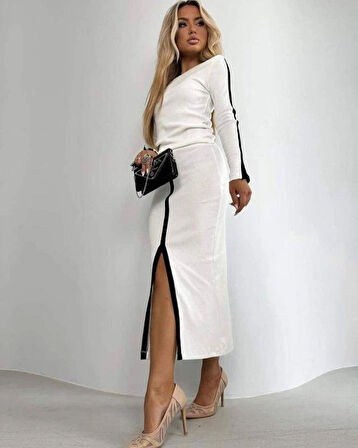 MDB Kadın Uzun Kollu Bisiklet Yaka Kaşkorse Bluz Ve Yırtmaçlı Etek Ikili Takım