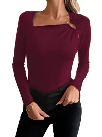 MDB Kadın Uzun Kollu Yakadan Halka Detaylı Viskon Bluz