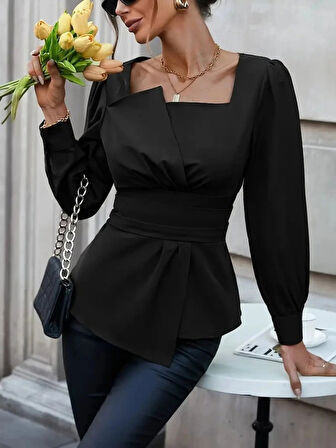 MDB Kadın Uzun Kollu Geometrik Yakalı Belden Oturmalı Ithal Krep Bluz