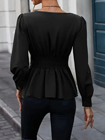 MDB Kadın Uzun Kollu Geometrik Yakalı Belden Oturmalı Ithal Krep Bluz