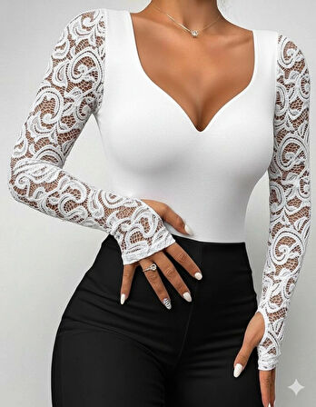 MDB Kadın Uzun Kollu Dantelli Dekolte Detaylı Dalgıç Bluz