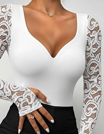 MDB Kadın Uzun Kollu Dantelli Dekolte Detaylı Dalgıç Bluz