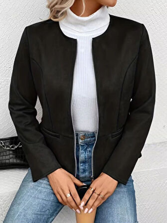 MDB Kadın Uzun Kollu Yuvarlak Yaka önden Fermuarlı Süet Ceket