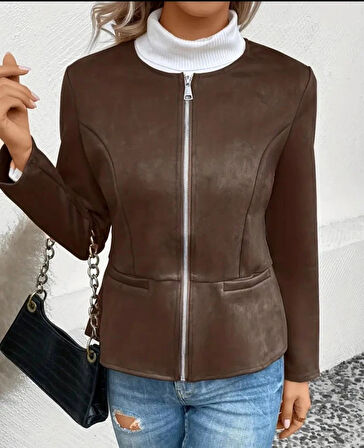 MDB Kadın Uzun Kollu Yuvarlak Yaka önden Fermuarlı Süet Ceket