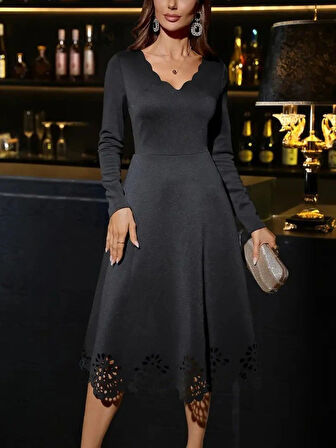 MDB Kadın Uzun Kollu V Yakalı Lazer Kesim Detaylı Midi Ithal Krep Elbise