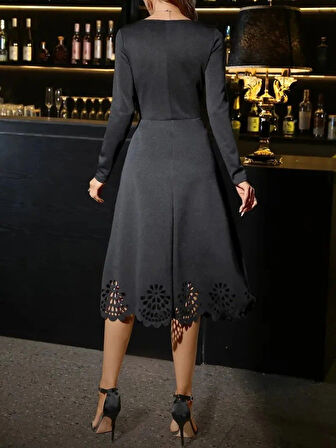 MDB Kadın Uzun Kollu V Yakalı Lazer Kesim Detaylı Midi Ithal Krep Elbise