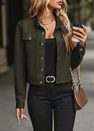 MDB Kadın Uzun Kollu önden Düğmeli Kısa Süet Ceket