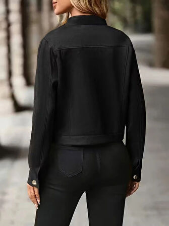 MDB Kadın Uzun Kollu önden Düğmeli Kısa Süet Ceket