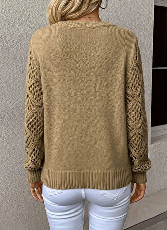 MDB Kadın Uzun Kollu V Yaka Kol Delikli Baklava Desen Detaylı Triko Kazak